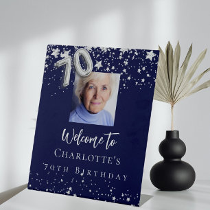 Navy blue silver stars photo 70th birthday welcome pedestal sign