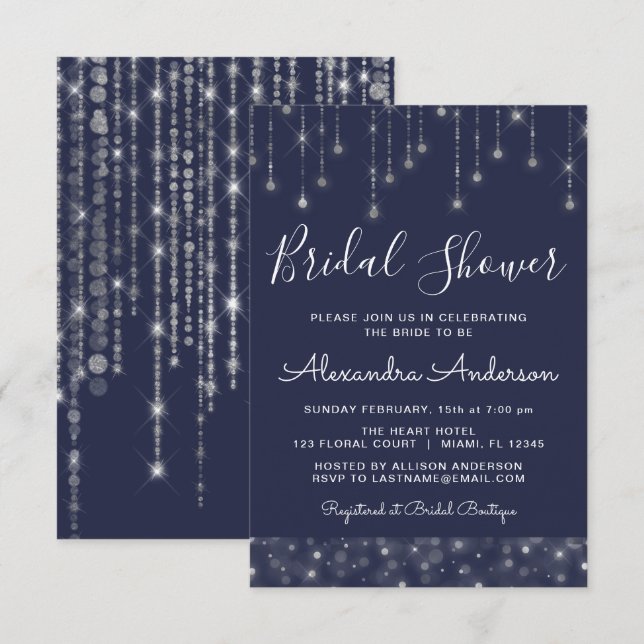 Navy Blue Silver String Lights Bridal Shower Invitation (Front/Back)