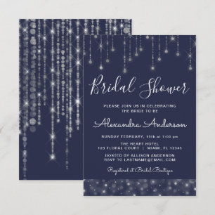 Navy Blue Silver String Lights Bridal Shower Invitation