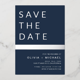 Navy Blue Silver Stripe Save the Date Elegant 