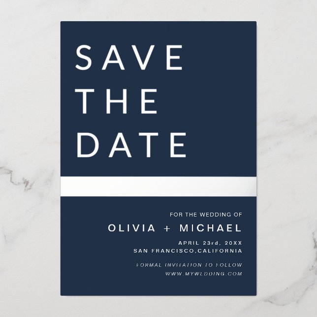 Navy Blue Silver Stripe Save the Date Elegant  (Front)