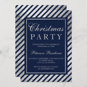 Navy blue silver stripes corporate Christmas Invitation