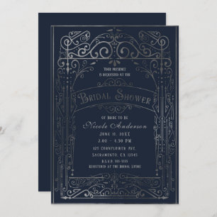 Navy Blue & Silver Vintage Victorian Bridal Shower Invitation