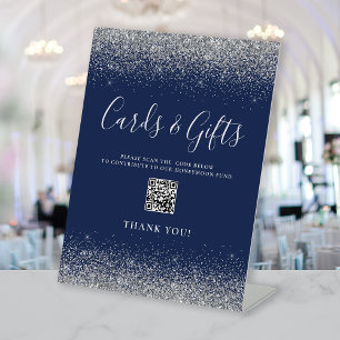 Navy Blue Silver Wedding Cards Gifts QR Code Pedestal Sign