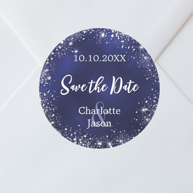 Navy blue silver wedding Save the Date Classic Round Sticker (Creator Uploaded)