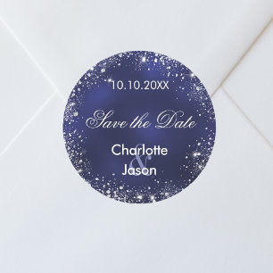 Navy blue silver wedding Save the Date Classic Round Sticker