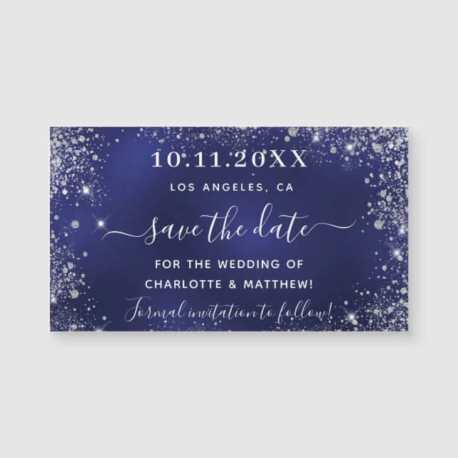 Navy blue silver wedding save the date magnet (Front)