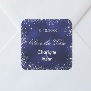 Navy blue silver wedding Save the Date Square Sticker