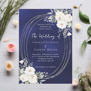 Navy blue silver white florals roses wedding invitation