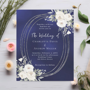 Navy blue silver white florals wedding invitation
