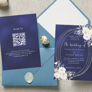 Navy blue silver white florals wedding QR RSVP Invitation