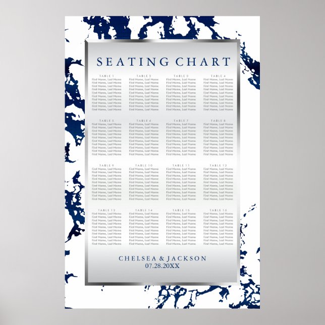Navy Blue, Silver & White Satin - 16 Tables Poster (Front)