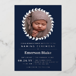Navy Blue Silver Wreath Baby Photo Naming Ceremony