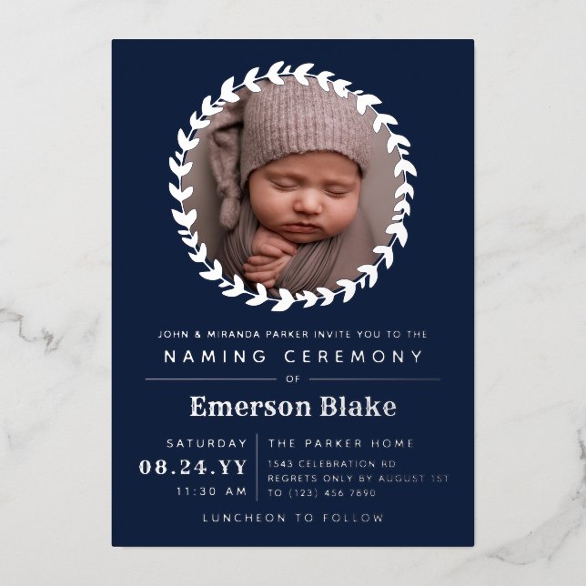 Navy Blue Silver Wreath Baby Photo Naming Ceremony (Front)
