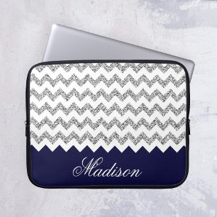 Navy Blue Silvery Glitter Chevron Pattern Laptop Sleeve