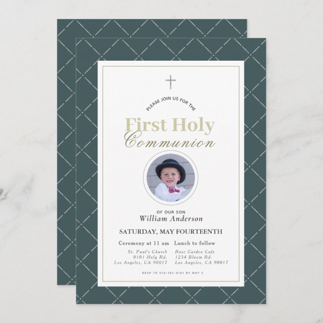 Navy Blue Simple Boy Photo First Holy Communion Invitation (Front/Back)