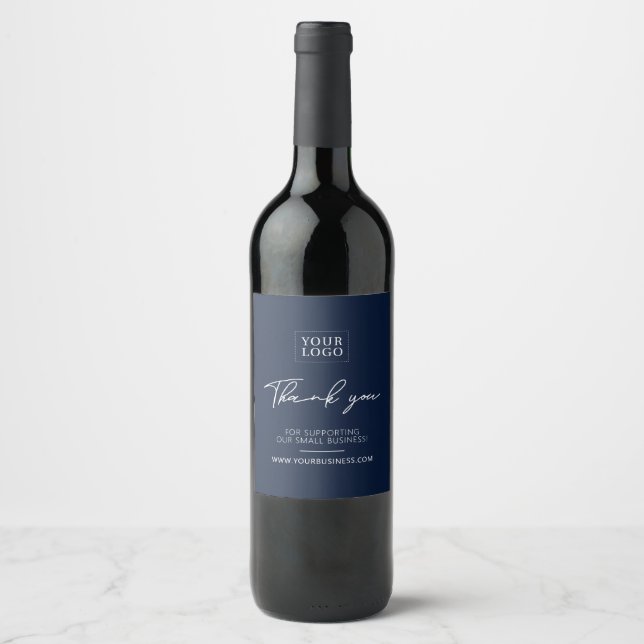 Navy Blue Simple Business Company Logo Thank you Wine Label (Front)
