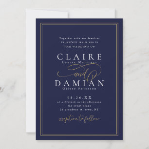 Navy Blue Simple Elegance Romantic Script Wedding Invitation