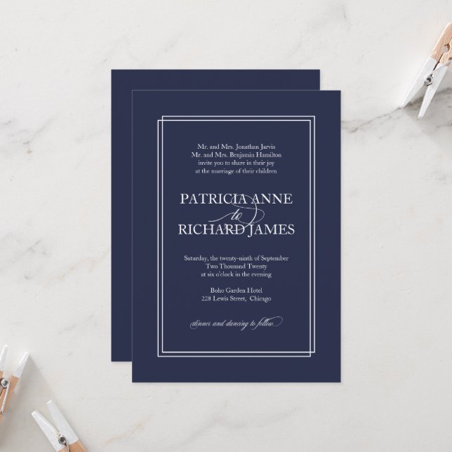 Navy Blue Simple Elegant Formal Wedding Invitation (Front/Back In Situ)