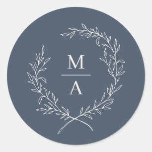  Navy Blue Simple Elegant Laurel Wreath Monogram Classic Round Sticker