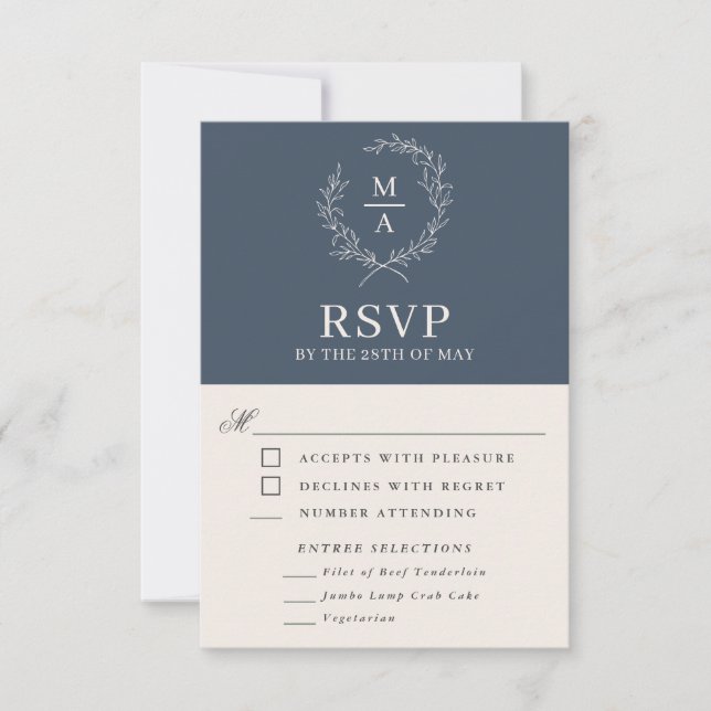 Navy Blue Simple Elegant Monogram RSVP with Meals Card (Front)