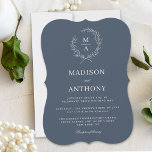 Navy Blue Simple Elegant Monogram Wedding Invitation<br><div class="desc">A tasteful and classic choice in wedding invitations, this design conveys a simple elegance in its text layout and bracket shape style. A simple open laurel wreath of sketched leaves surrounds the monogram initial of the bride and groom. The elegant yet simple text template is ready to personalise with your...</div>