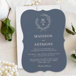 Navy Blue Simple Elegant Monogram Wedding Invitation