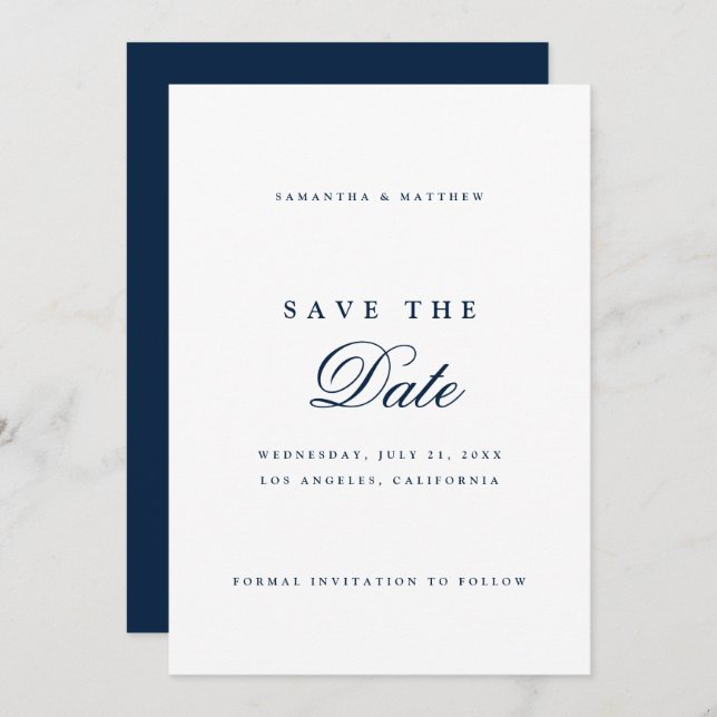 Navy Blue Simple Elegant Script Save The Date (Front/Back)