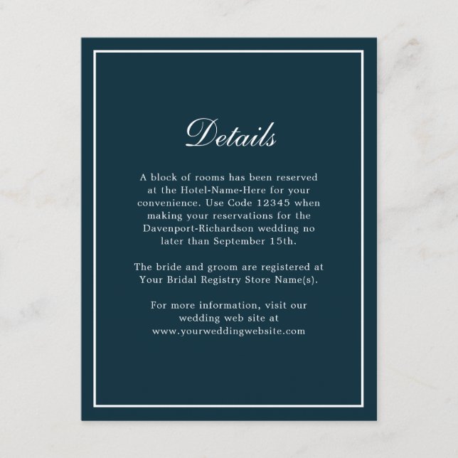 Navy Blue Simple Elegant Wedding Info Details Enclosure Card (Front)