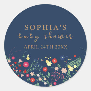 Navy Blue Simple Elegant Wildflower Baby Shower  Classic Round Sticker