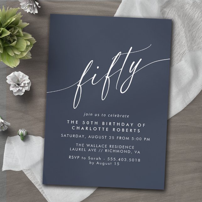 Navy Blue | Simple Fifty Script 50th Birthday Invitation (Creator Uploaded)