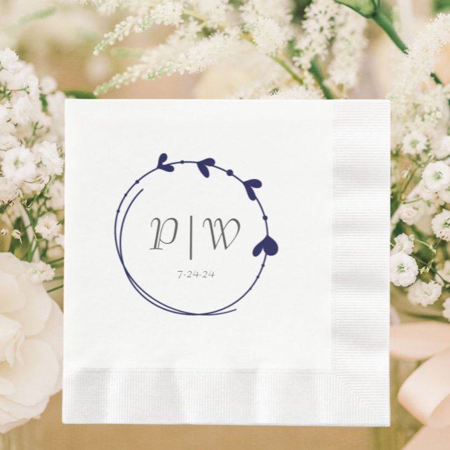 Navy Blue Simple Heart Wreath Monogram Wedding Napkin (In Situ Wedding)