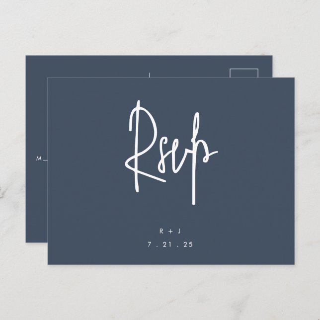 Navy Blue Simple Lettering Wedding RSVP Postcard (Front/Back)