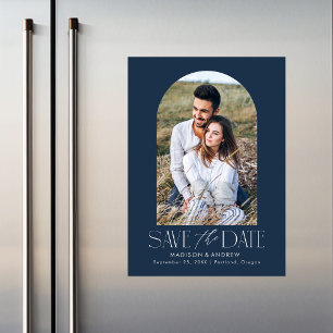Navy Blue Simple Modern Arch Photo Save the Date Magnetic Invitation