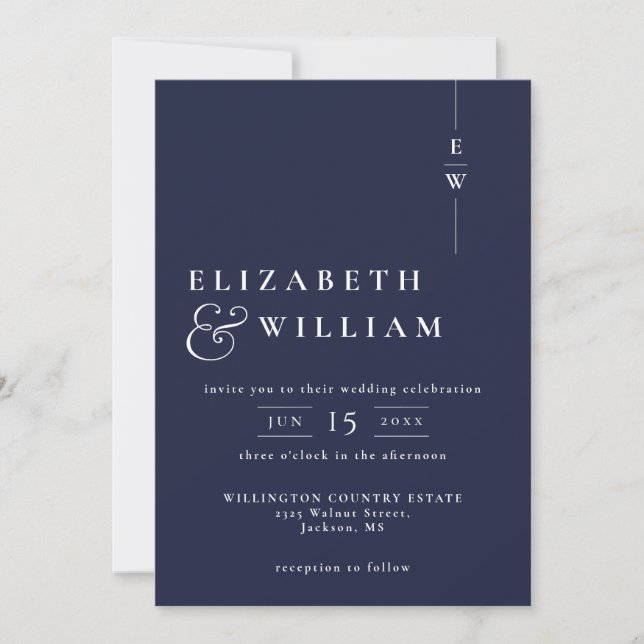 Navy Blue Simple Modern Elegant Monogram Wedding Invitation (Front)