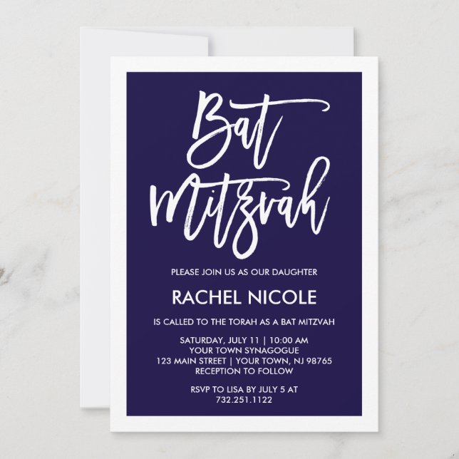 Navy Blue | Simple Modern Typography Bat Mitzvah Invitation (Front)