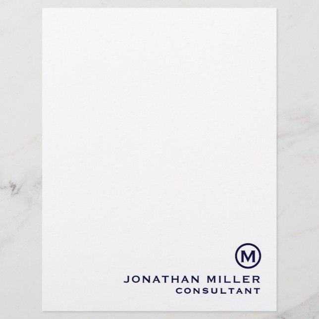 Navy Blue Simple Monogram Typographic Name Title Custom Letterhead (Front)