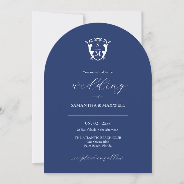 Navy Blue Simple Monogrammed Wedding Invitation (Front)