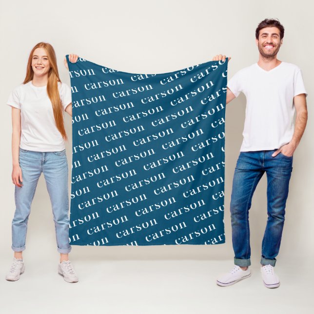 Navy Blue Simple Personalised Repeating Name Fleece Blanket (In Situ)