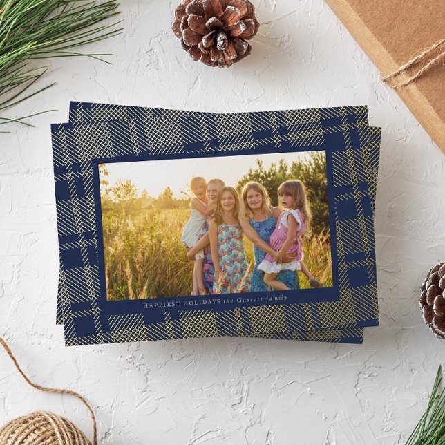 Navy Blue Simple Plaid Frame Foil Holiday Card (Creator Uploaded)