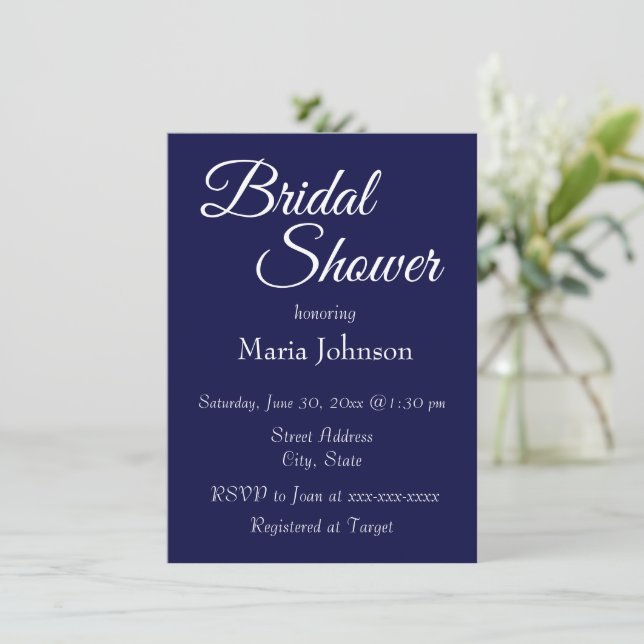 Navy Blue Simple Style Bridal Shower Invitation (Standing Front)