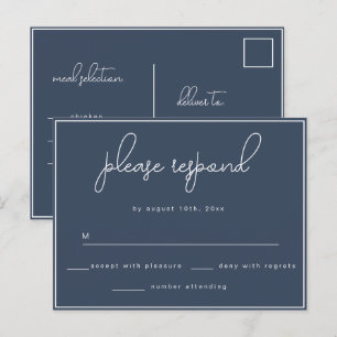 Navy Blue Simple Wedding RSVP Response Postcard 