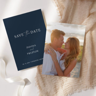 Navy Blue Simple Wedding Script Modern Photo  Save The Date