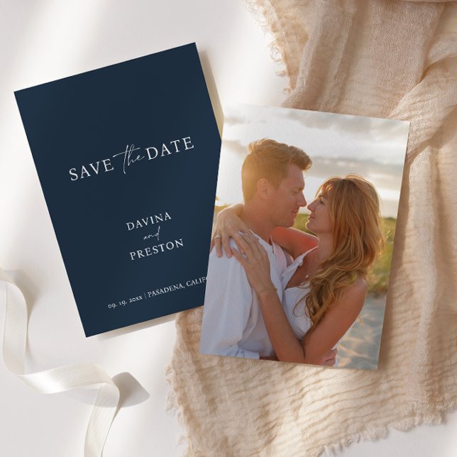 Navy Blue Simple Wedding Script Modern Photo  Save The Date (Creator Uploaded)