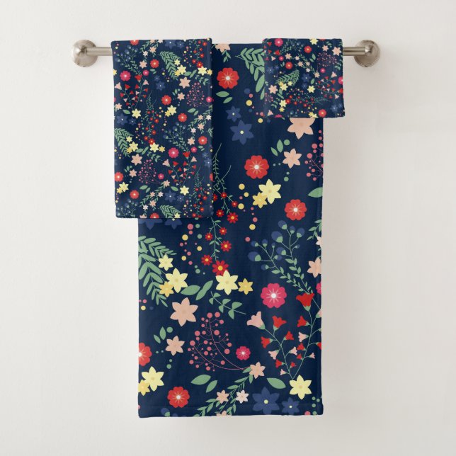 Navy Blue Simple Wildflower  Pattern  Bath Towel Set (Insitu)