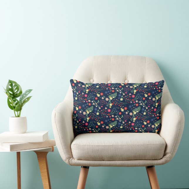 Navy Blue Simple Wildflower  Pattern  Lumbar Cushion (Chair)