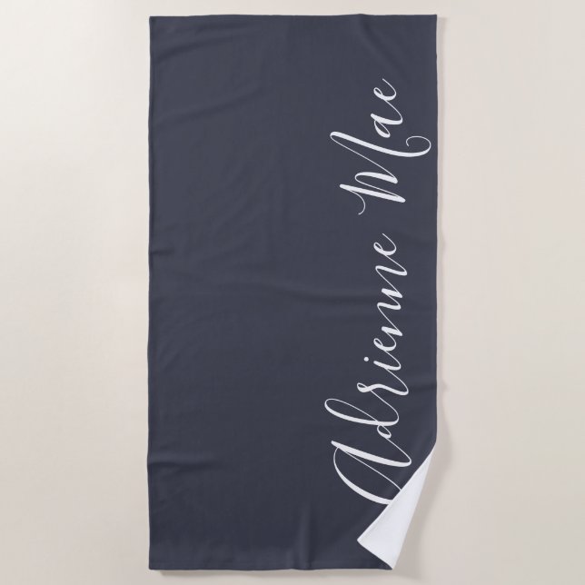 Navy Blue Simply Personalised Beach Towel (Front)