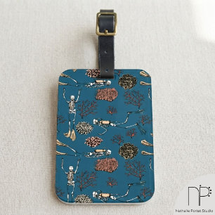 Navy Blue Skeleton Scuba Diver Coral Monogram Luggage Tag