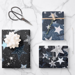 Navy Blue Sky With Silver Moon and Stars Wrapping Paper Sheet