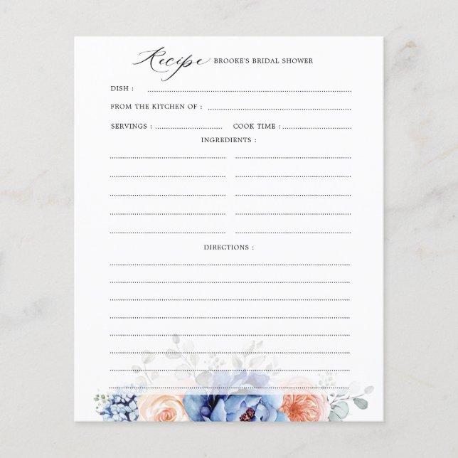 Navy Blue Slate Dusty Blush Bridal Shower Recipe (Front)